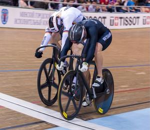 Sam Webster (right) holds off Germany's Stefan Botticher in the first ride of the sprint semifinals at the UCI Track Cycling World Championships in Minsk, Belarus today. Botticher came back to win 2-1 and went on to win the gold medal.